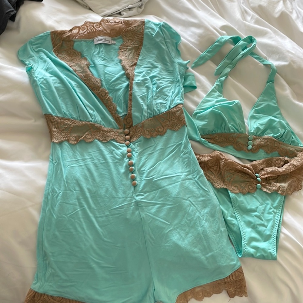 Beach Bunny Romper (m) and matching suit (l)